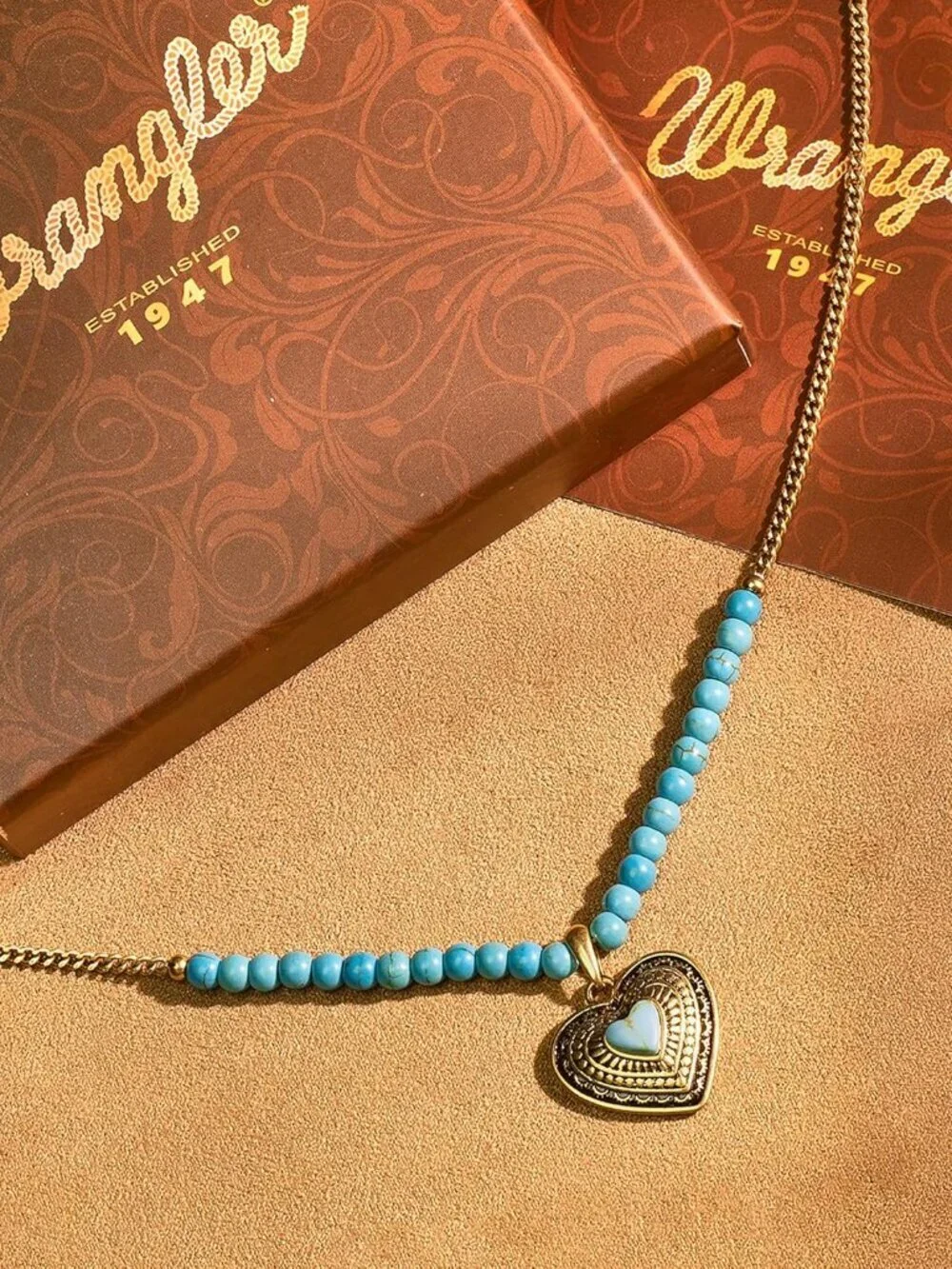 Women's Turquoise Western Gold Plated Wrangler Heart Turquoise Pendant Necklace